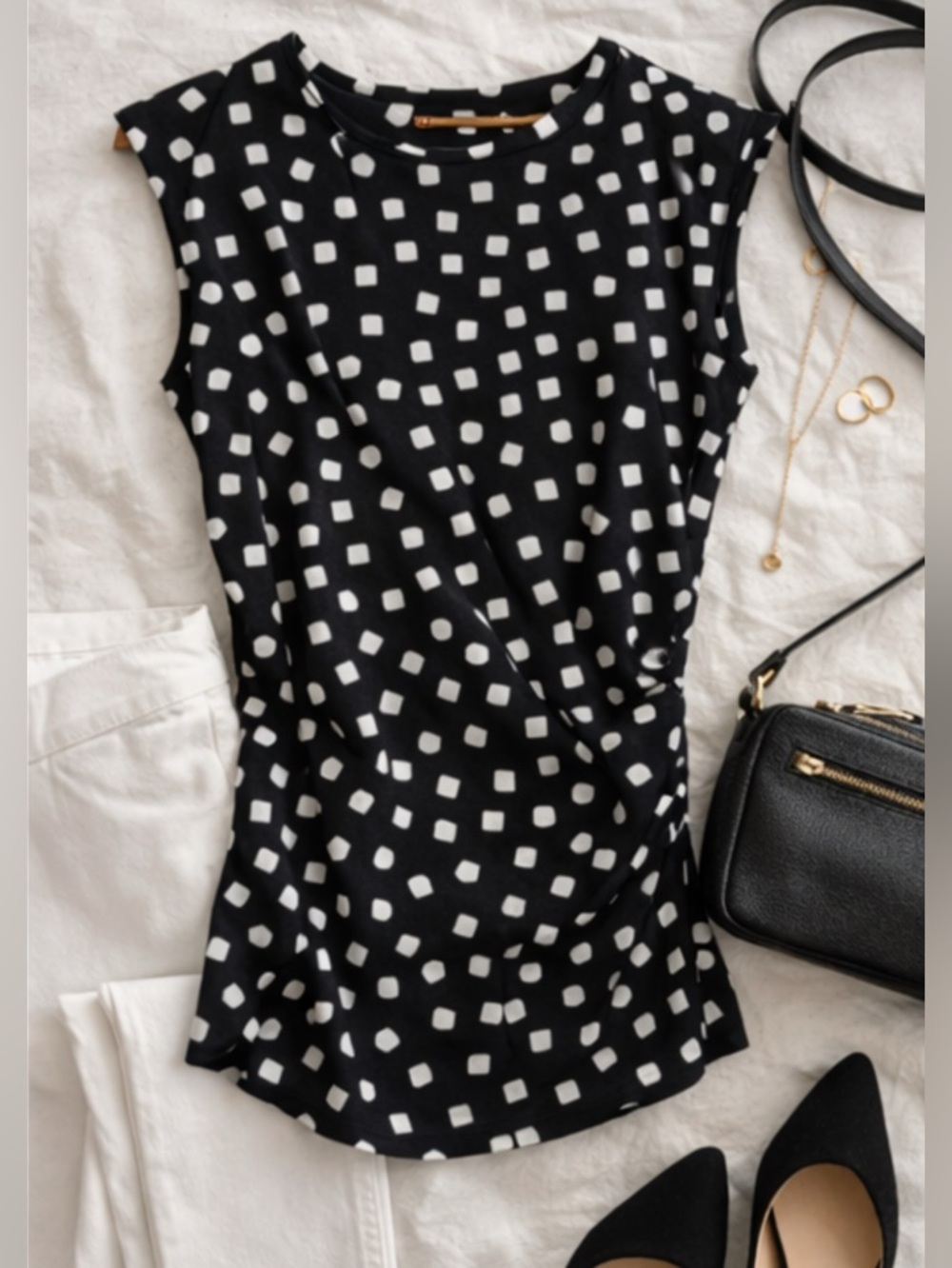 Vince Camuto Ruched Blouse Black White Square Polka Dot Cap Sleeve Work Top M
